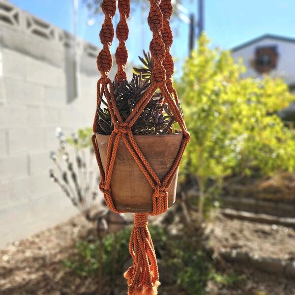 Vtg Macrame Plant Hanger Orange Nylon Boho Hippie Rustic Garden Patio Decor 45"L - Picture 2 of 8
